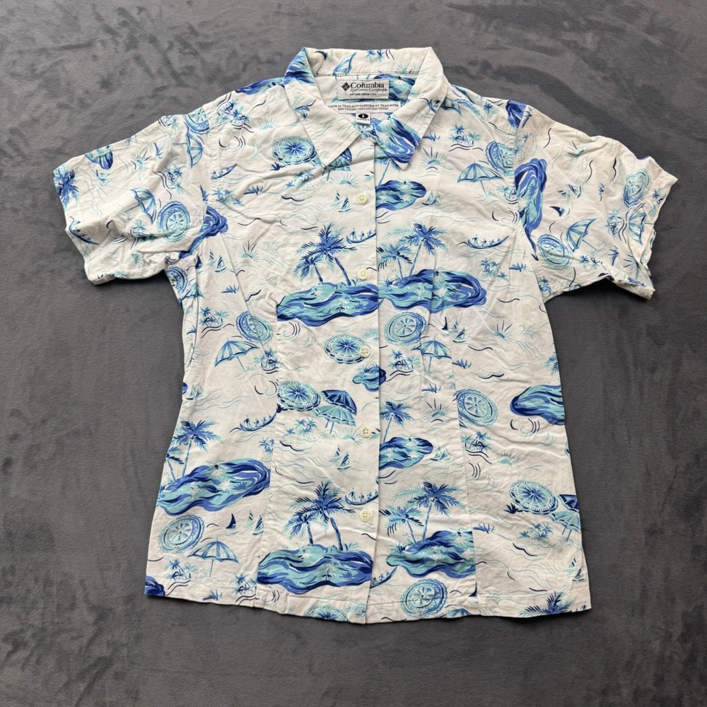 Columbia Sportswear Womens Small White Blue Tropical Island Button Down Shirt
